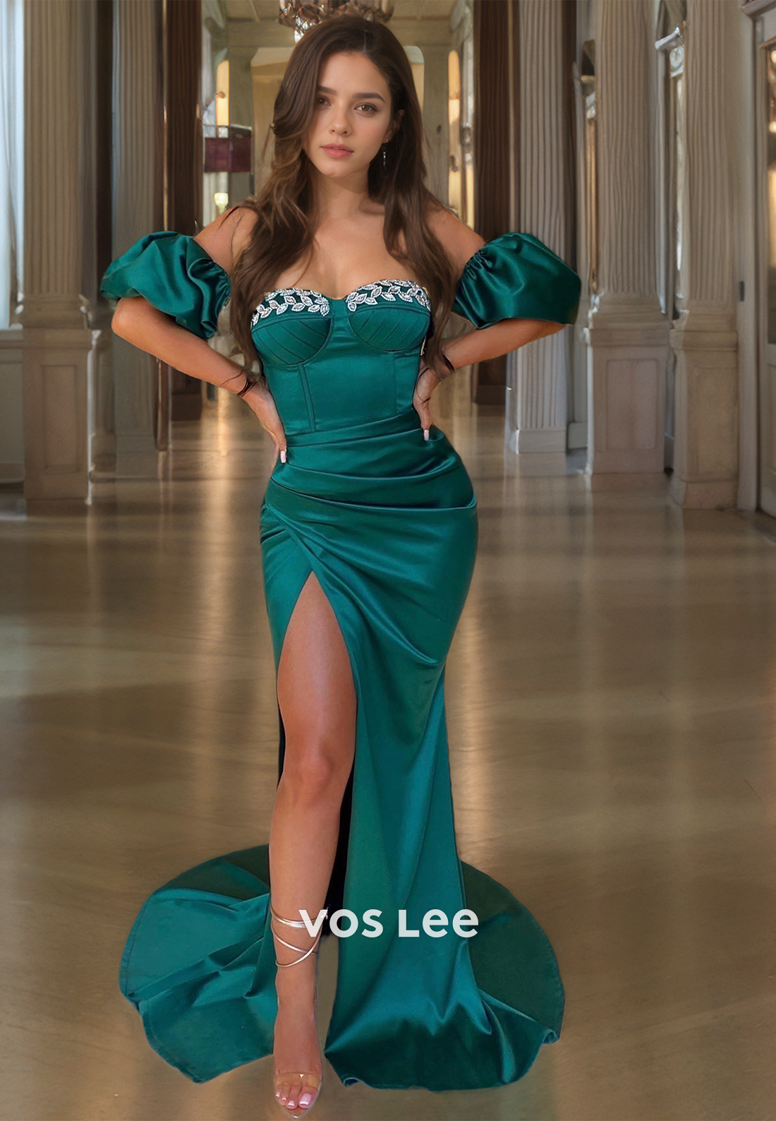 Sweetheart Dark Green Floor Length Party Dress Off-Shoulder Party Dress with High Slit