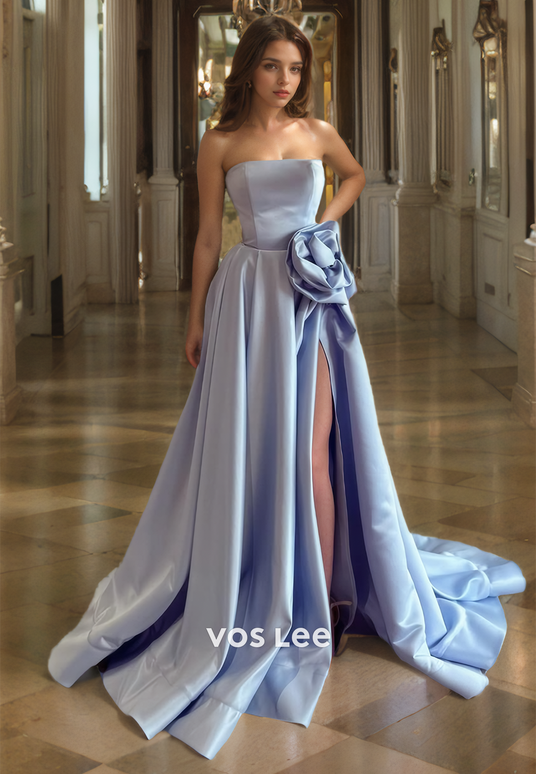 Unique Satin Lilac Pleated Prom Gown Strapless Floor Length Quinceanera Dresses with High Slit