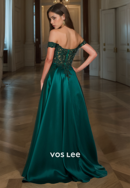 Vintage A-Line Dark Green Formal Quinceanera Dress Sweetheart Appliqued Off-Shoulder Night Party Gown