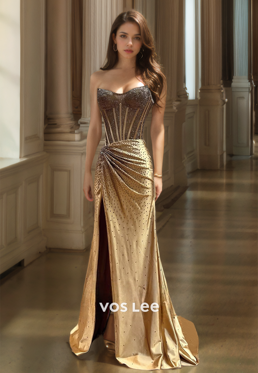 Luxury Column V Neck Sleeveless Beaded Sequins Draped Side Split Satin Prom Evening Dress