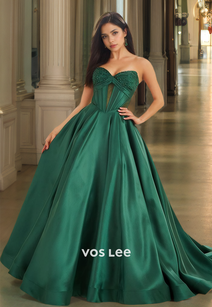 Modest A-Line Sweetheart Sleeveless Sweep Train Lace Up Pleated Satin Prom Formal Dress