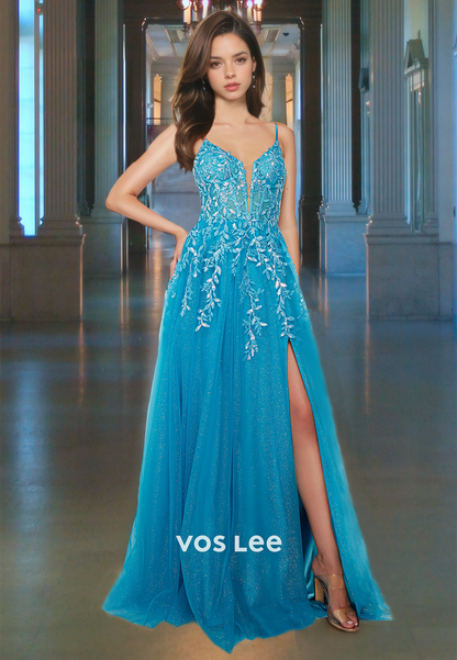 Gorgeous V Neck A-Line Appliqued Prom Gown Spaghetti Straps Blue Sparkly Glitter Formal Holiday Dress