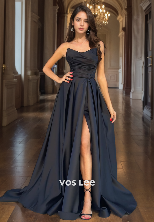 Elegant Satin Pleated Scoop Evening Prom Gown A-Line Strapless Floor Length Formal Pageant Dress