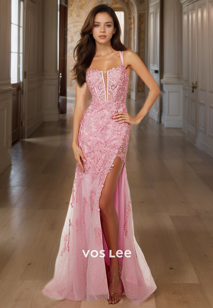 Elegant Spaghetti Straps Flamingo Evening Prom Dress Appliqued Floor Length Cocktail Dresses