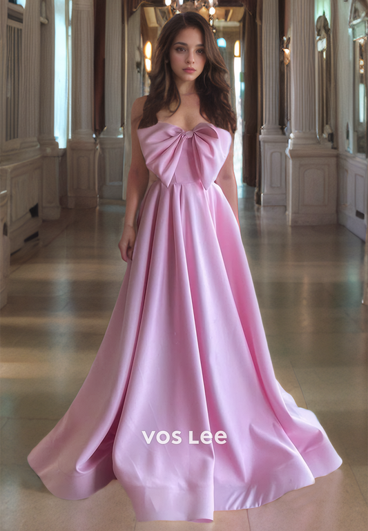 Candy Pink Bow A-Line Prom Dress Draped Graceful Floor Length Strapless Quinceanera Dresses