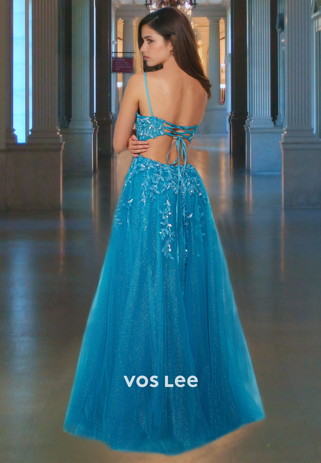 Gorgeous V Neck A-Line Appliqued Prom Gown Spaghetti Straps Blue Sparkly Glitter Formal Holiday Dress