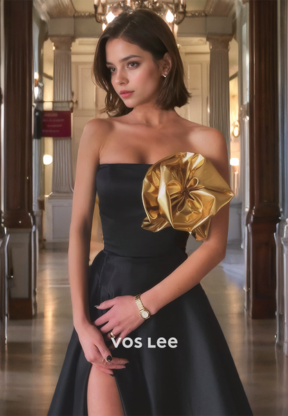 A-Line Vintage Floor Length Evening Party Gown Luxurious Satin Strapless Prom Dress with Side Slit