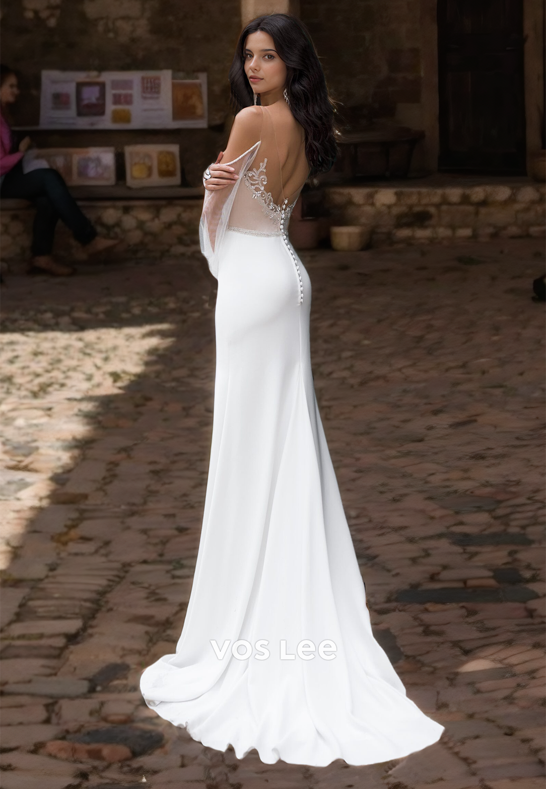 Sexy Column V Neck Illusion Beaded Long Sleeves Sweep Train Draped Wedding Dress