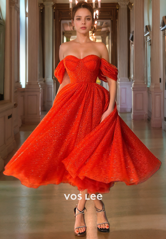 Sparkly Red A-Line Off-Shoulder Quinceanera Dress Sweetheart Ankle Length Glitter Prom Dress