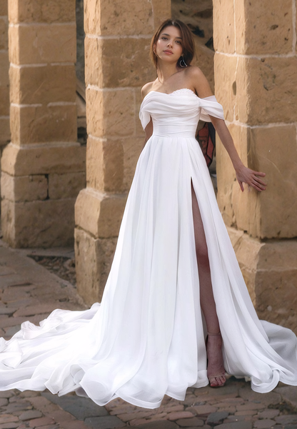 Beaded Sweetheart Off Shoulder Cathedral Train A-Line Organza Wedding Dress