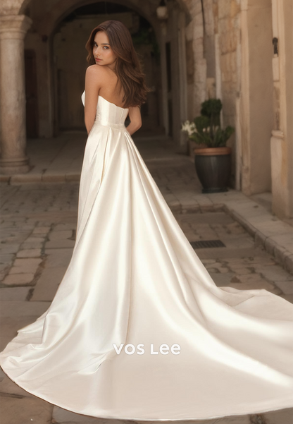 A-Line V Neck Satin Elegant Wedding Dress Strapless Pleated Zipper Back Formal Bridal Gown