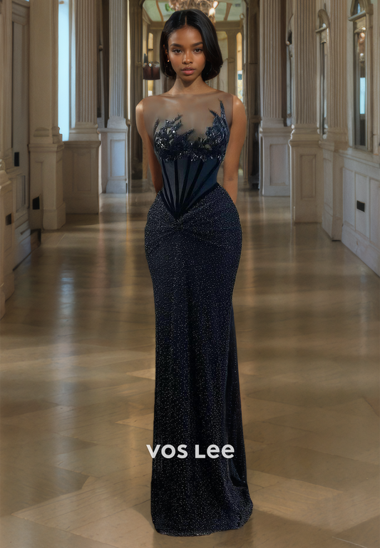 Sexy Plunging Illusion V-Neck Beaded Lace Appliques Long Prom Party Dress