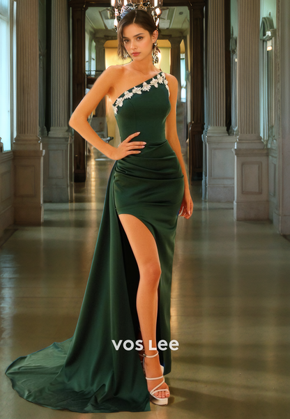 Luxury One Shoulder Mermaid Prom Dress with High Slit Long Train Sleeveless Pageant Dresses