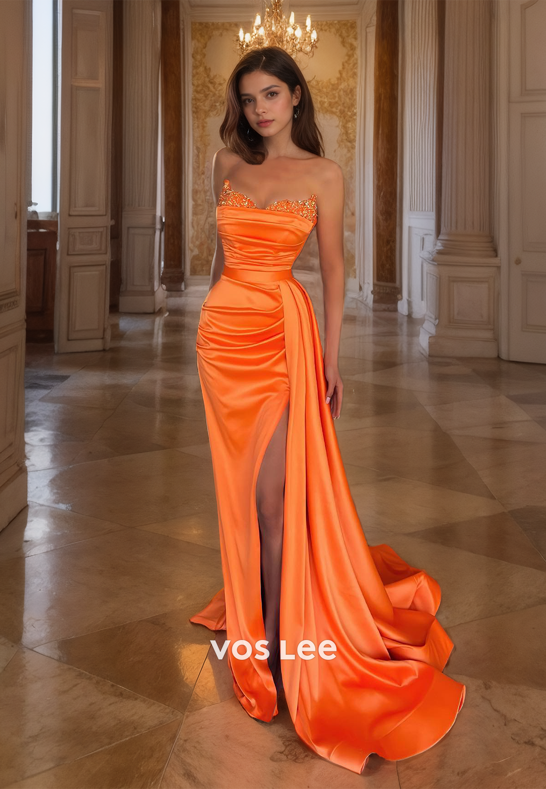 Elegant Sweetheart Orange Pleated Quinceanera Dress Strapless Floor Length Satin Party Gown