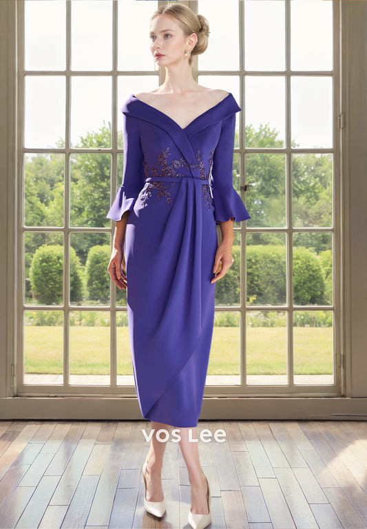 Purple Appliqued V Neck Tea Length Purple Formal Mother of the Bride Dresses with Long Sleeves