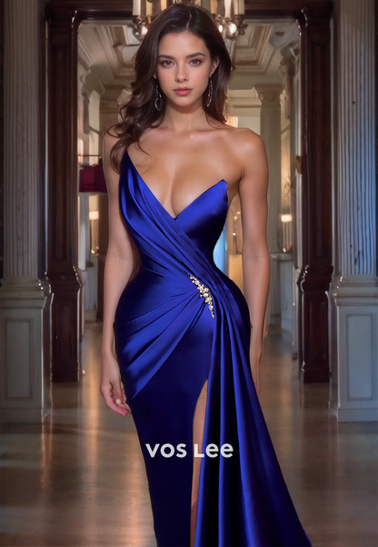 Classy V Neck Mermaid Satin Prom Dress Royal Blue Sweep Train Sleeveless Floor Length Party Dresses