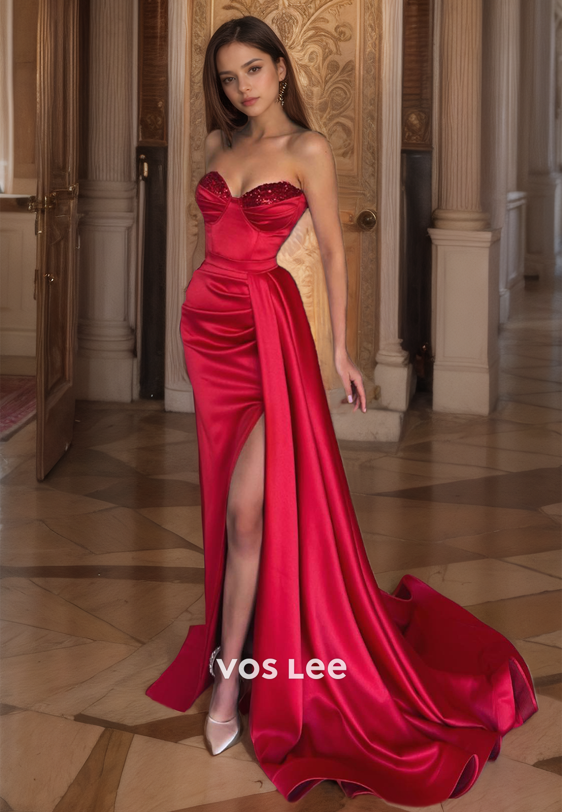 Red Mermaid Satin Sweetheart Strapless Prom Gown High Slit Sweep Train Pageant Dress