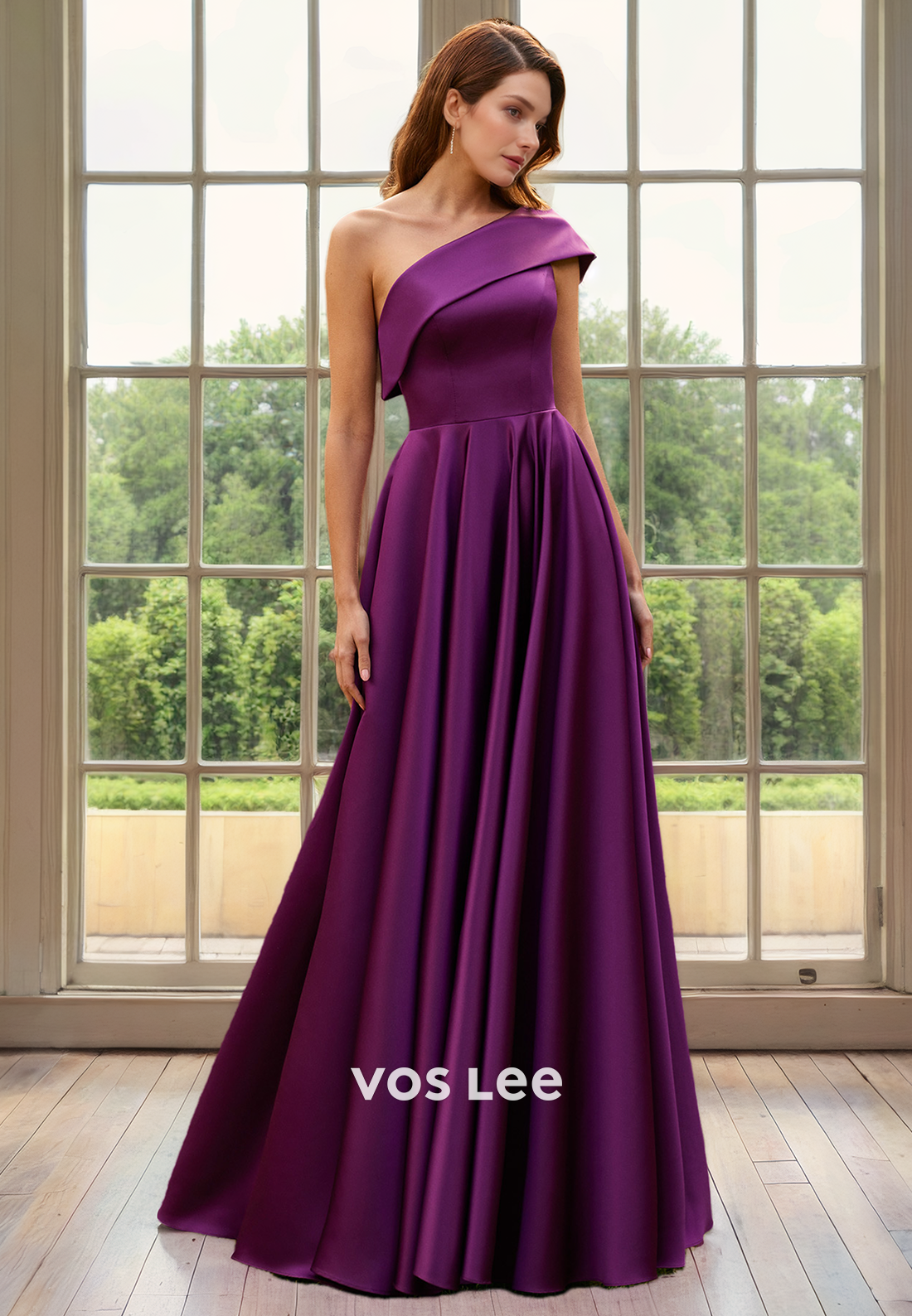 A-Line Satin One Shoulder Mother of the Bride Dress Draped Floor Length Zipper Back Elegant Long Party Dress