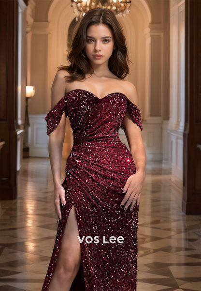 Burgundy Off-Shoulder Sweetheart Quinceanera Dress Sparkly Sequined Long Dresses