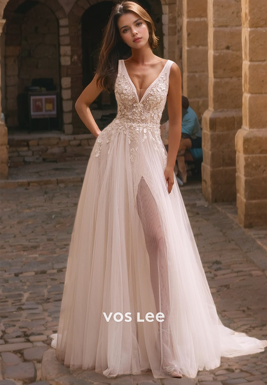 A-Line Appliqued Tulle Formal Wedding Dress Elegant Floor Length V-Neck Engagement Dress