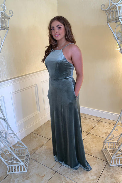 Halter Velvet Long Bridesmaid Dress with Pockets