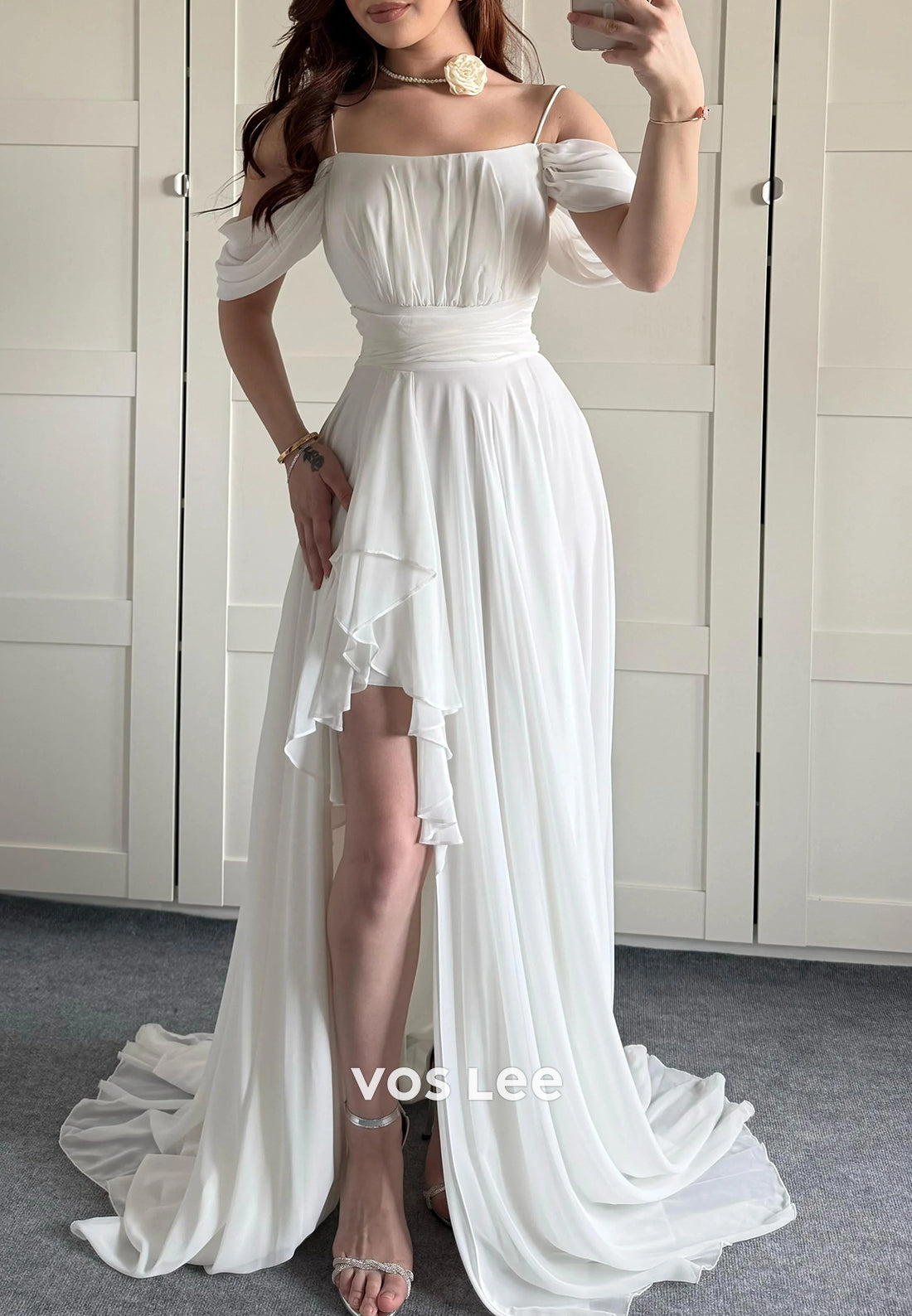 Classic & Timeless A-Line Spaghetti Straps Split Pleated Evening Dresses with Sweep Train