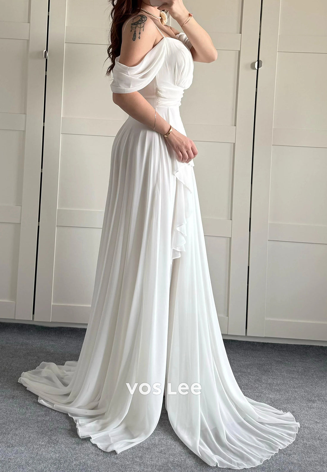 Classic & Timeless A-Line Spaghetti Straps Split Pleated Evening Dresses with Sweep Train