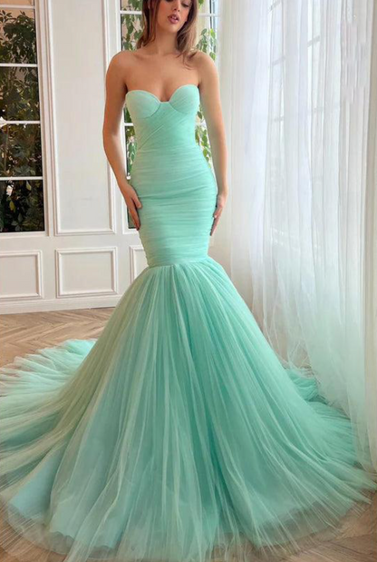 Strapless Mermaid Gown with Tulle Train | Evening Dress