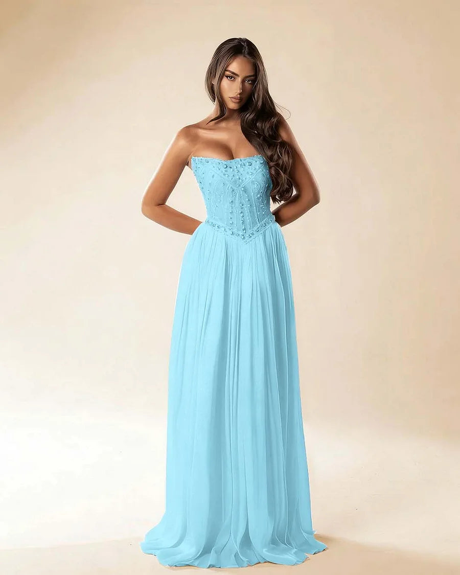 Strapless Sleeveless Long Pleated A-Line Prom Dress With Beadings And Rhinstone