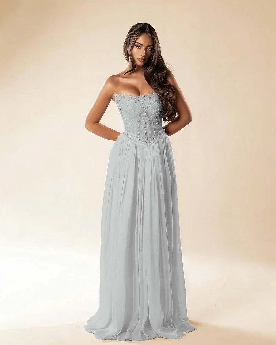 Strapless Sleeveless Long Pleated A-Line Prom Dress With Beadings And Rhinstone