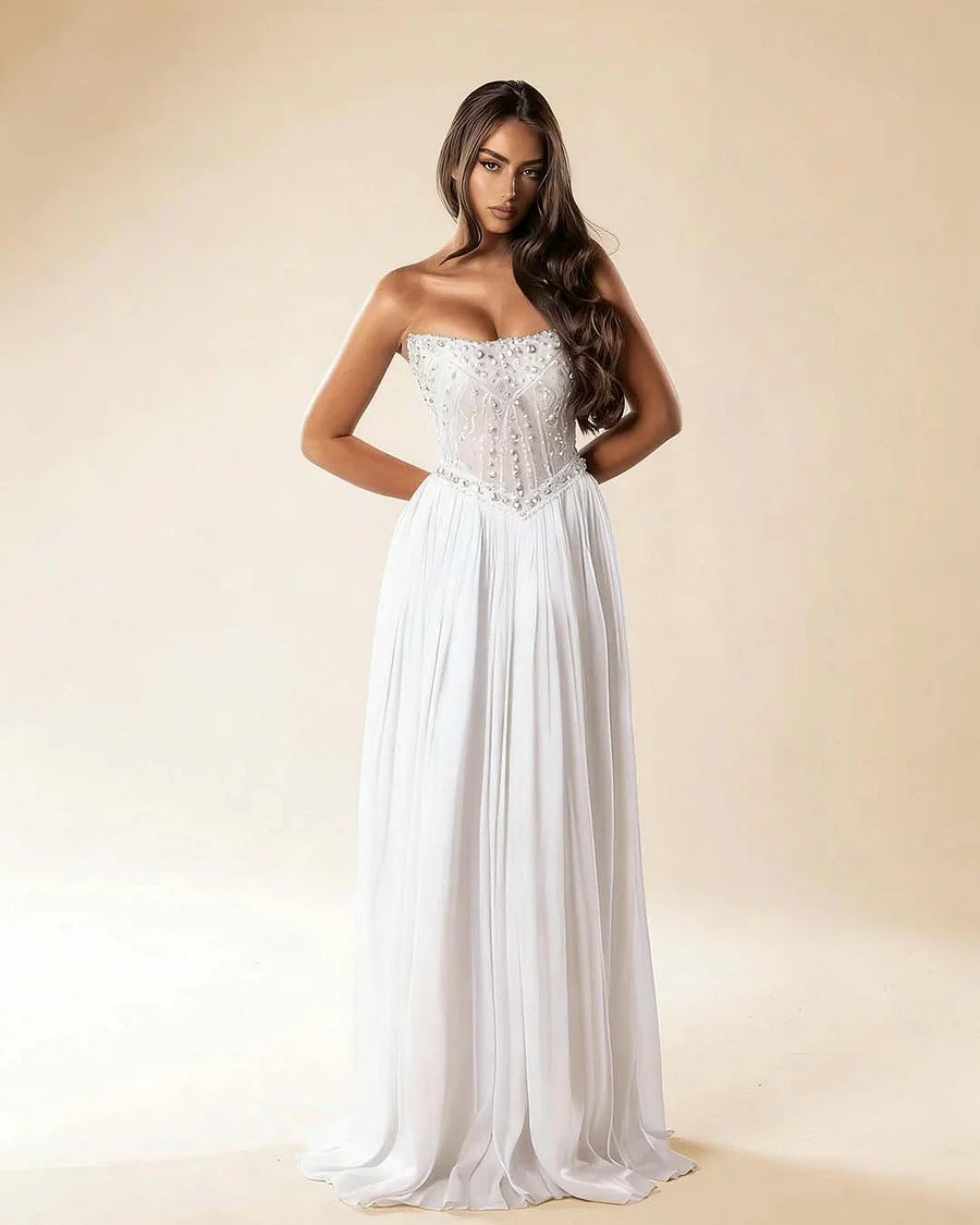 Strapless Sleeveless Long Pleated A-Line Prom Dress With Beadings And Rhinstone