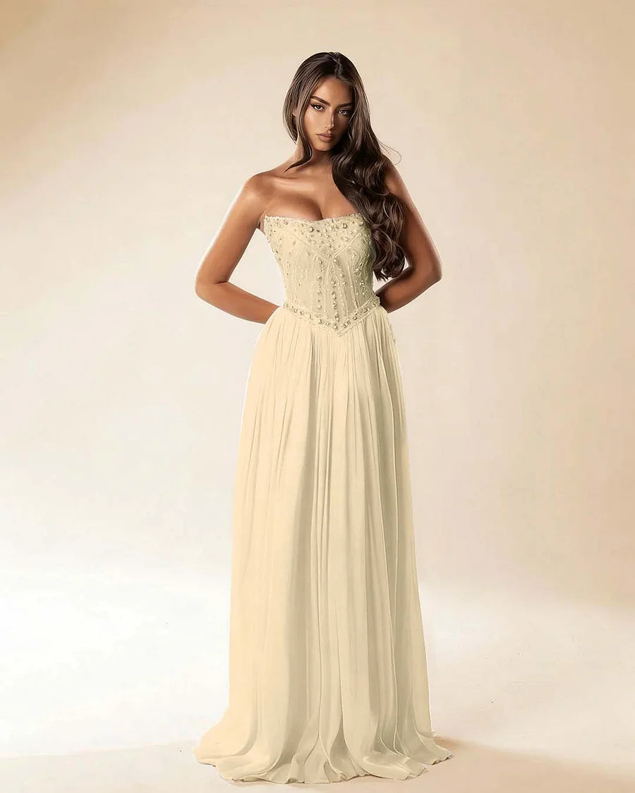 Strapless Sleeveless Long Pleated A-Line Prom Dress With Beadings And Rhinstone