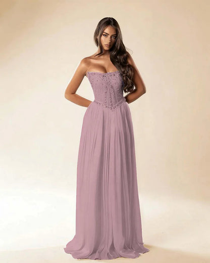 Strapless Sleeveless Long Pleated A-Line Prom Dress With Beadings And Rhinstone