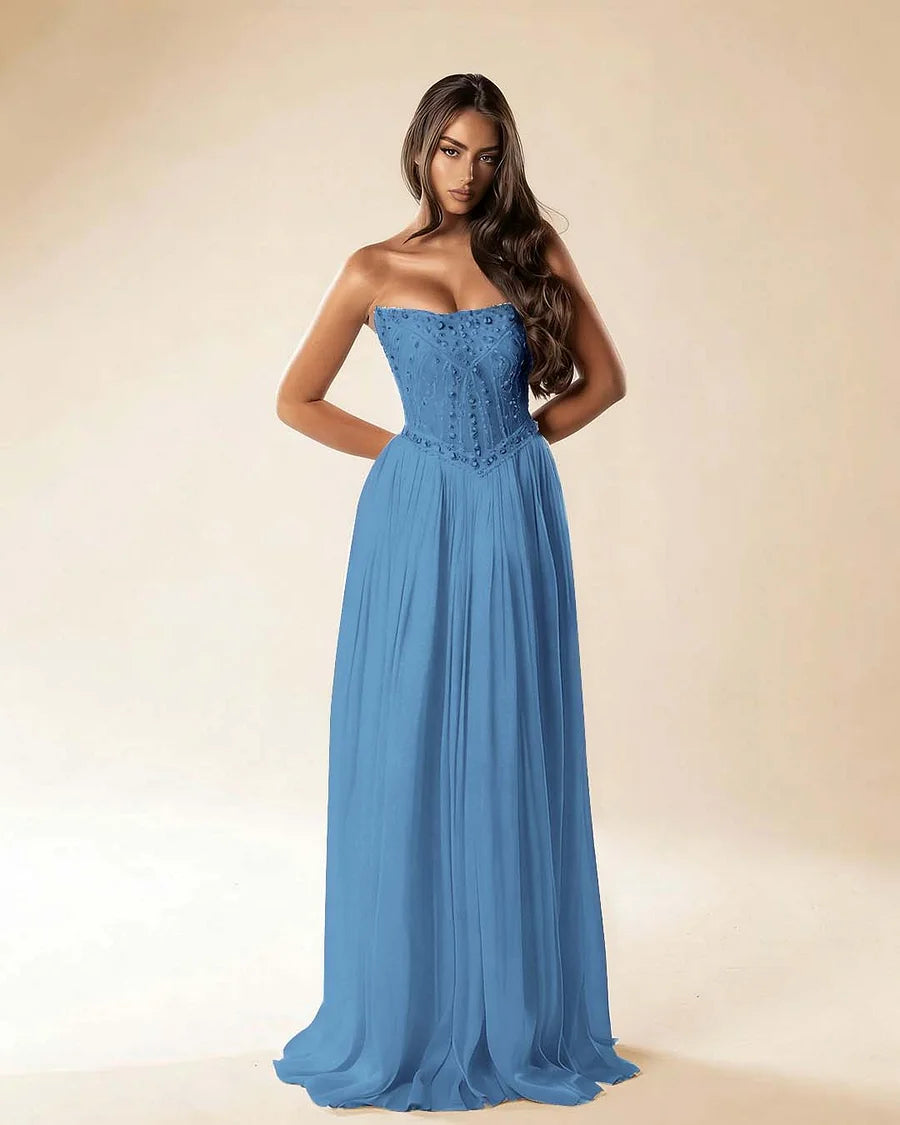 Strapless Sleeveless Long Pleated A-Line Prom Dress With Beadings And Rhinstone
