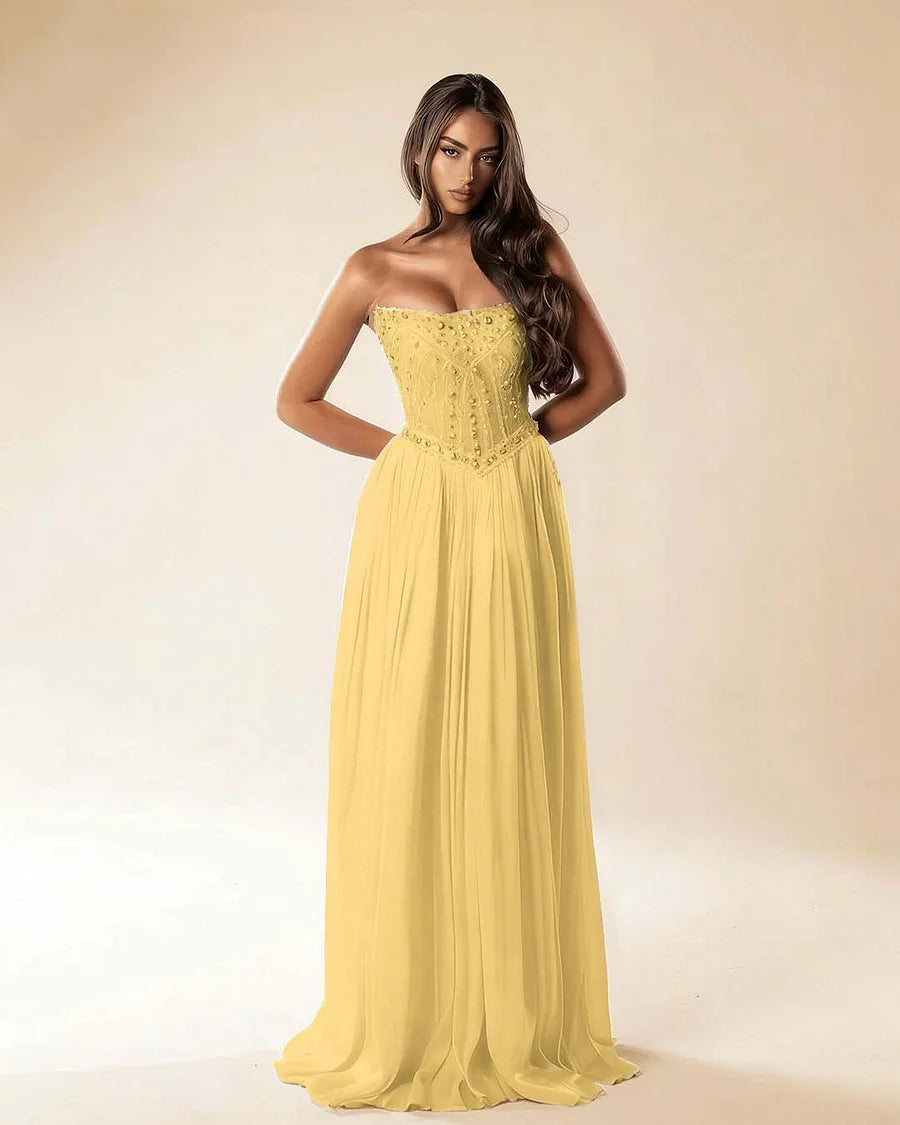 Strapless Sleeveless Long Pleated A-Line Prom Dress With Beadings And Rhinstone