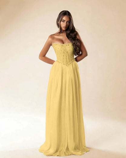 Strapless Sleeveless Long Pleated A-Line Prom Dress With Beadings And Rhinstone