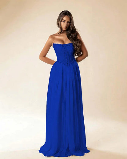 Strapless Sleeveless Long Pleated A-Line Prom Dress With Beadings And Rhinstone