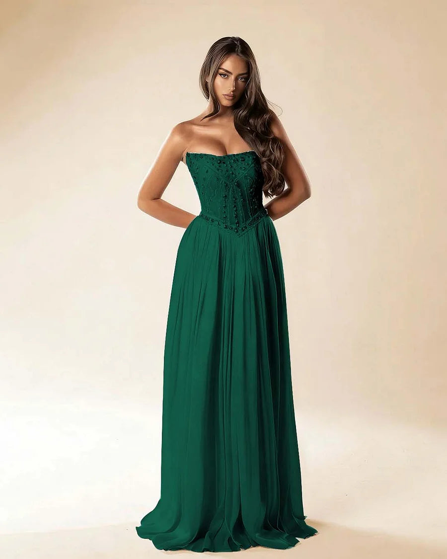 Strapless Sleeveless Long Pleated A-Line Prom Dress With Beadings And Rhinstone