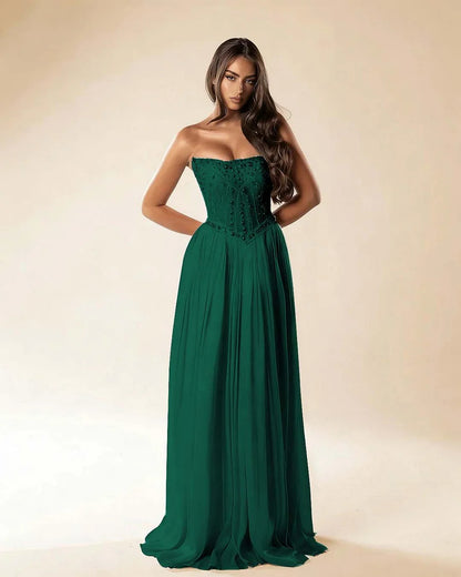 Strapless Sleeveless Long Pleated A-Line Prom Dress With Beadings And Rhinstone
