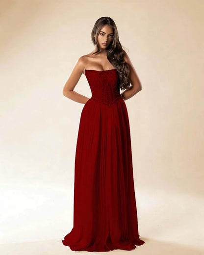 Strapless Sleeveless Long Pleated A-Line Prom Dress With Beadings And Rhinstone