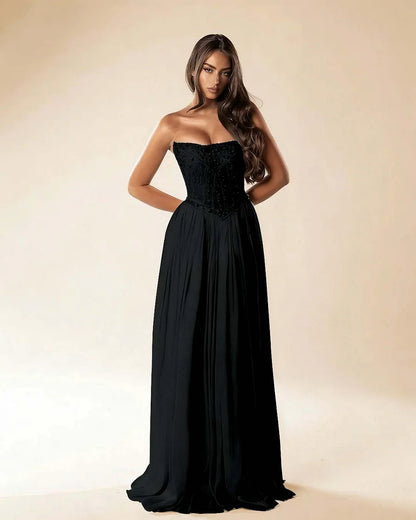Strapless Sleeveless Long Pleated A-Line Prom Dress With Beadings And Rhinstone