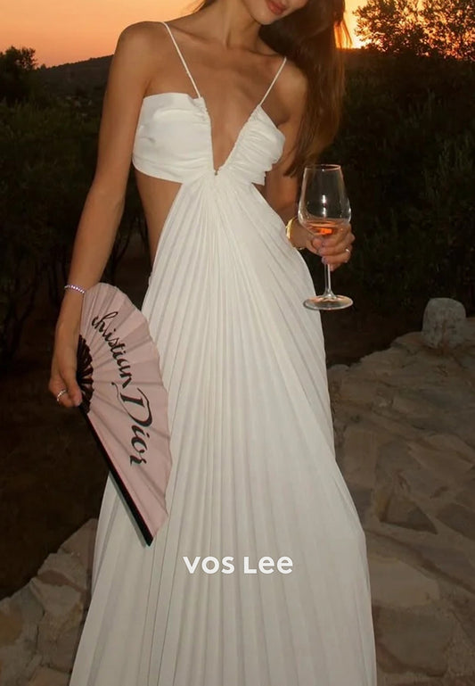 Gorgeous & Charming  A-Line V Neck Spaghetti Straps Pleated Prom Dresses