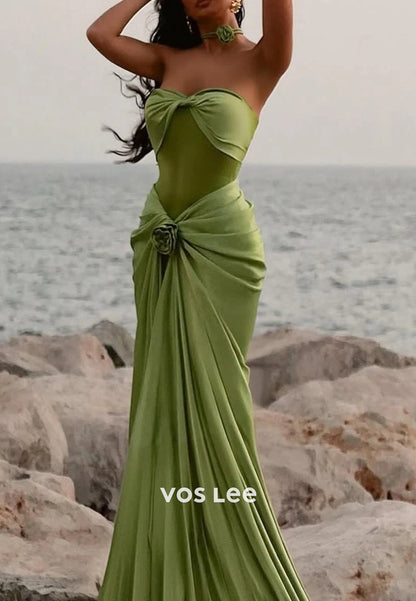 Sexy  Strapless Sweetheart Flowers Pleated Mermaid Prom Dresses with Sweep Train