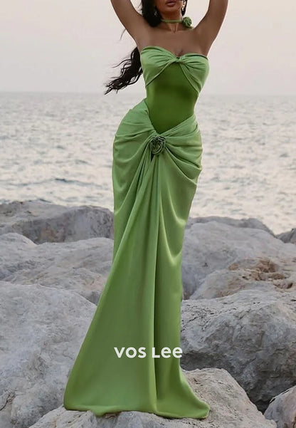 Sexy  Strapless Sweetheart Flowers Pleated Mermaid Prom Dresses with Sweep Train