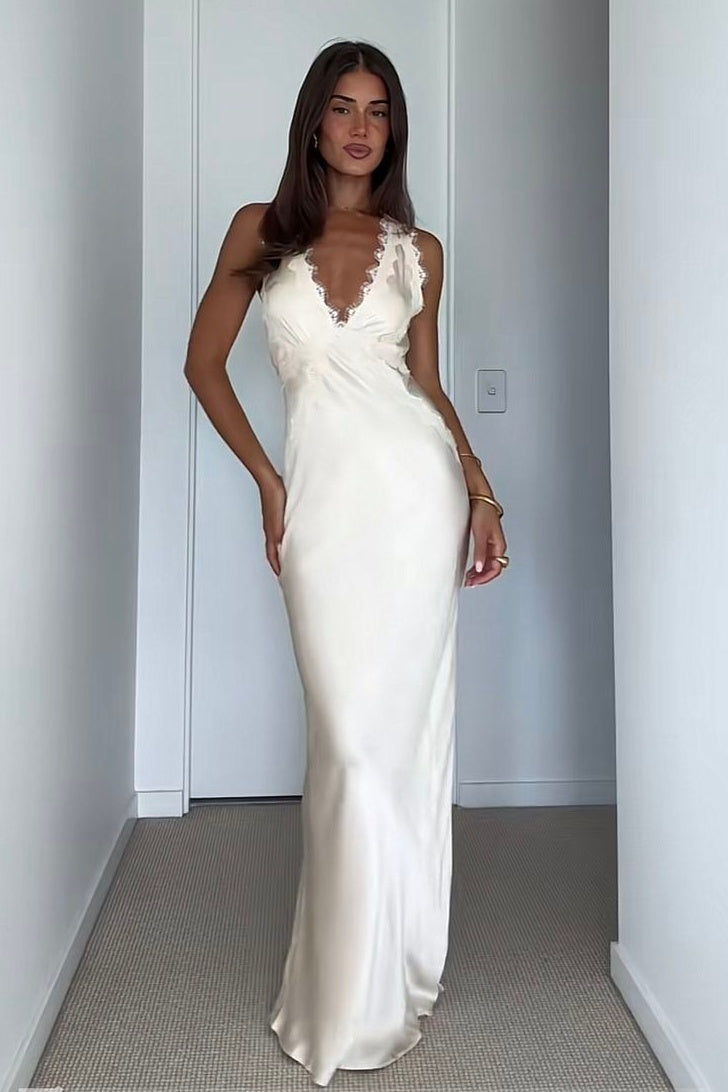 v neck lace sheath dress Chic Sheath Column V Neck Floral Lace Rustic Wedding Dress Bridal Gown US4 / As Picture