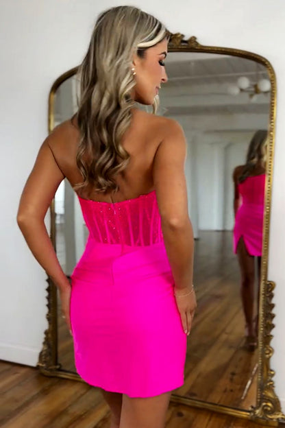 Hot Pink Mermaid Strapless Short Homecoming Dress with Beading and Slit