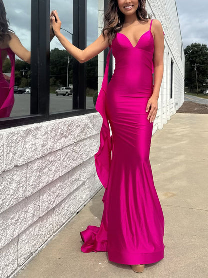 Hot Pink V-Neck Prom Dress with Cascading Back Ruffle