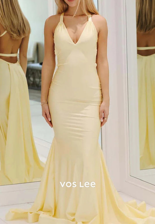 Sexy and Sleek V Neck Halter Pleated Mermaid Long Prom Dresses with Sweep Train