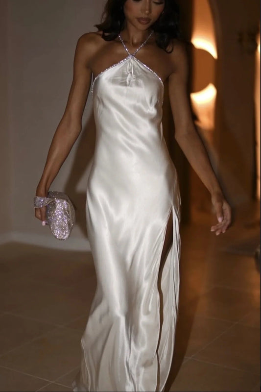 Trendy Sheath Halter Neck White Long Party Dress with Open Back Beading