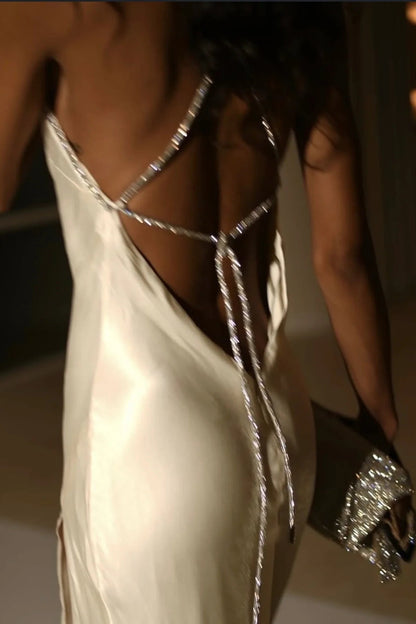 Trendy Sheath Halter Neck White Long Party Dress with Open Back Beading
